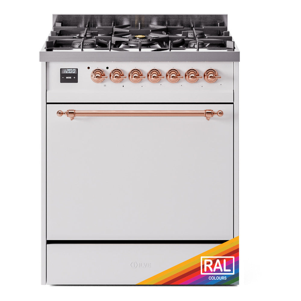 ILVE Nostalgie II 30-Inch Natural Gas Dual Fuel Range, Solid Door Oven, Custom RAL with Copper Trim (UP30QNMPRAP)