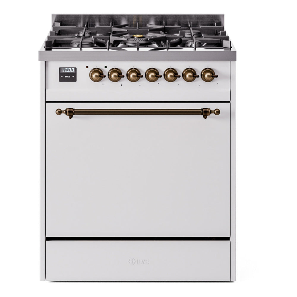 ILVE Nostalgie II 30-Inch Natural Gas Dual Fuel Range, Solid Door Oven, White with Burnished Bronze Trim (UP30QNMPWHB)