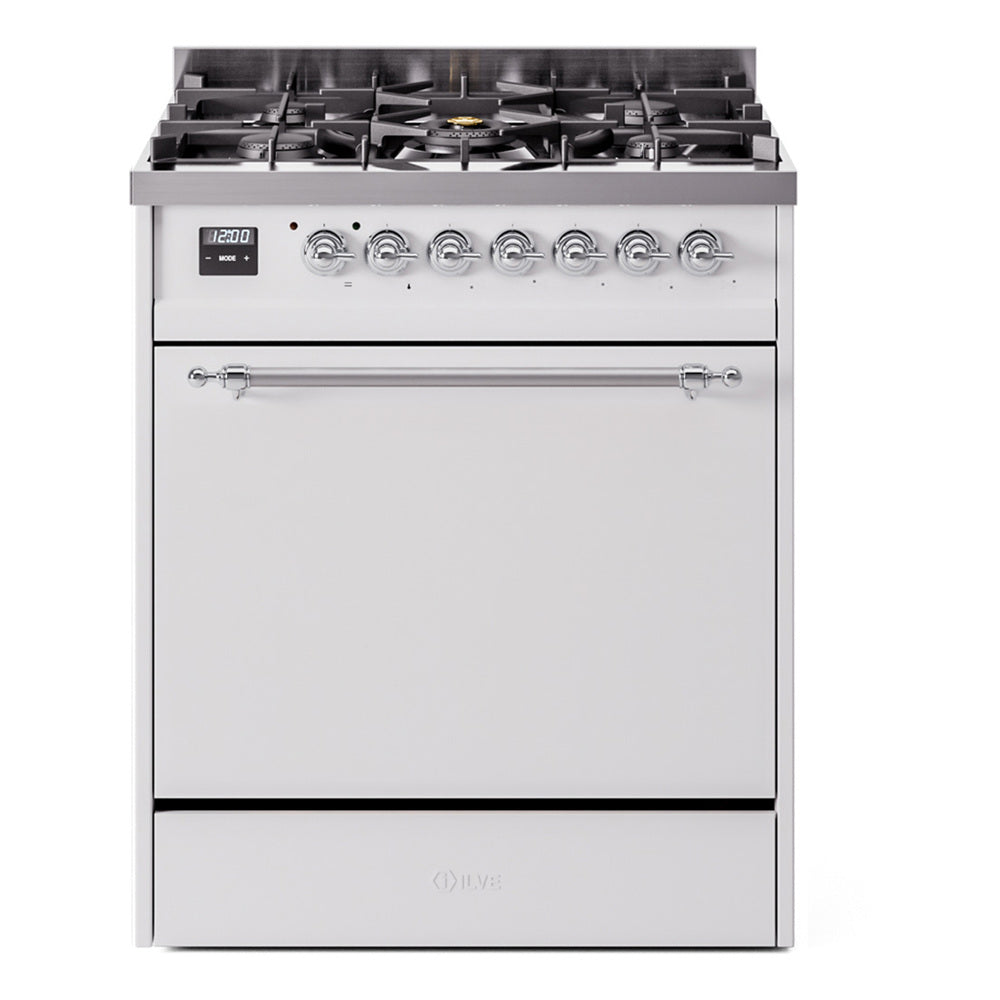 ILVE Nostalgie II 30-Inch Propane Gas Dual Fuel Range with Solid Door in White with Chrome Trim (UP30QNMPWHCLP)