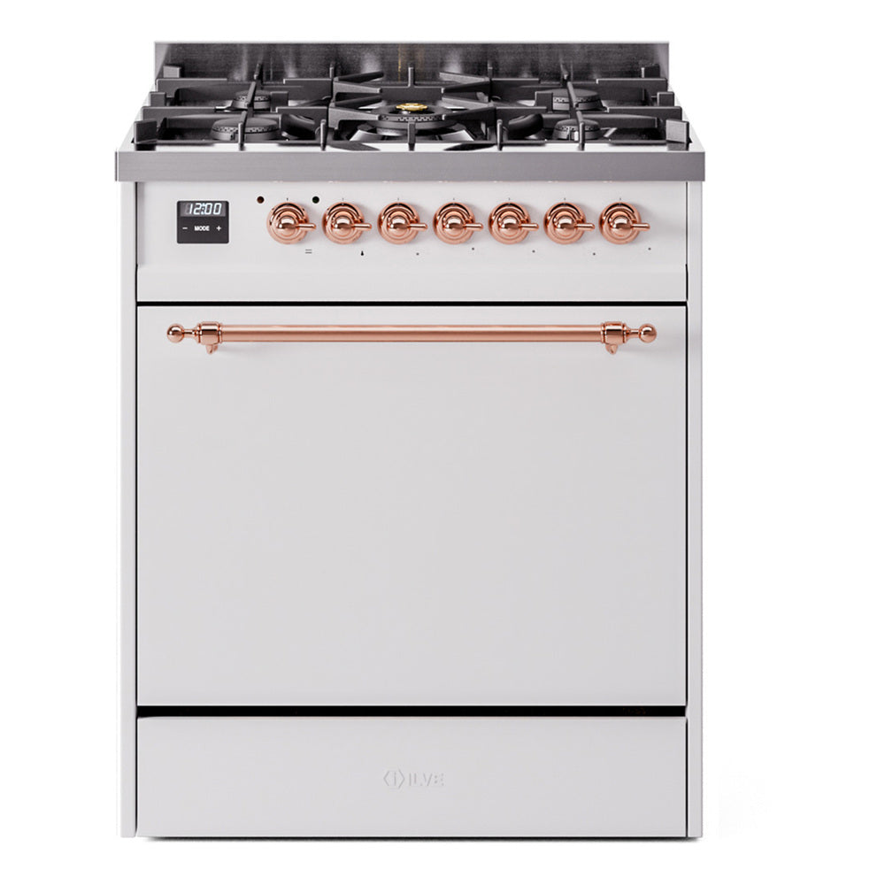 ILVE Nostalgie II 30-Inch Propane Dual Fuel Range, Solid Door Oven, White with Copper Trim (UP30QNMPWHPLP)