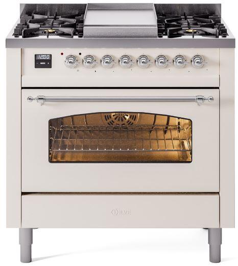ILVE Nostalgie II 36-Inch Freestanding Natural Gas Dual Fuel Range in Antique White with Chrome Trim (UP36FNMPAWC)