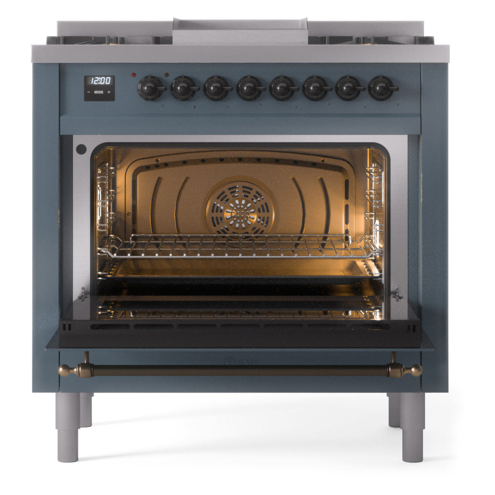 ILVE Nostalgie II 36-Inch Dual Fuel Freestanding Range in Blue Grey with Burnished Bronze Trim (UP36FNMPBGBLP)