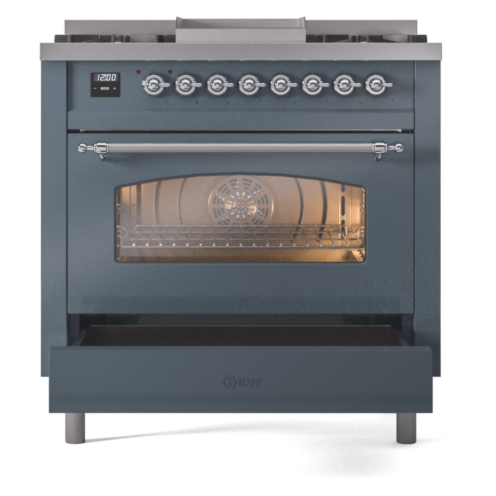 ILVE Nostalgie II 36-Inch Dual Fuel Freestanding Range in Blue Grey with Chrome Trim (UP36FNMPBGCLP)