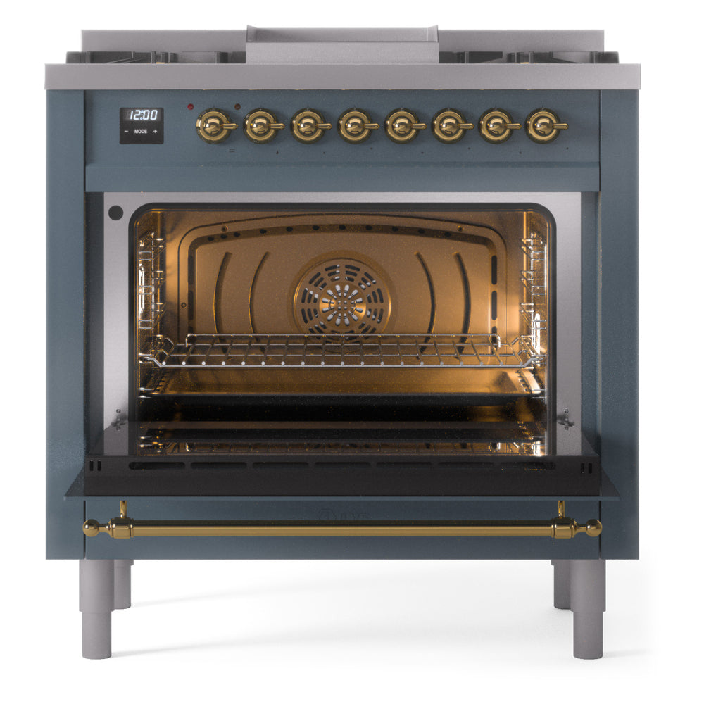 ILVE Nostalgie II 36-Inch Freestanding Natural Gas Dual Fuel Range in Blue Grey with Brass Trim (UP36FNMPBGG)