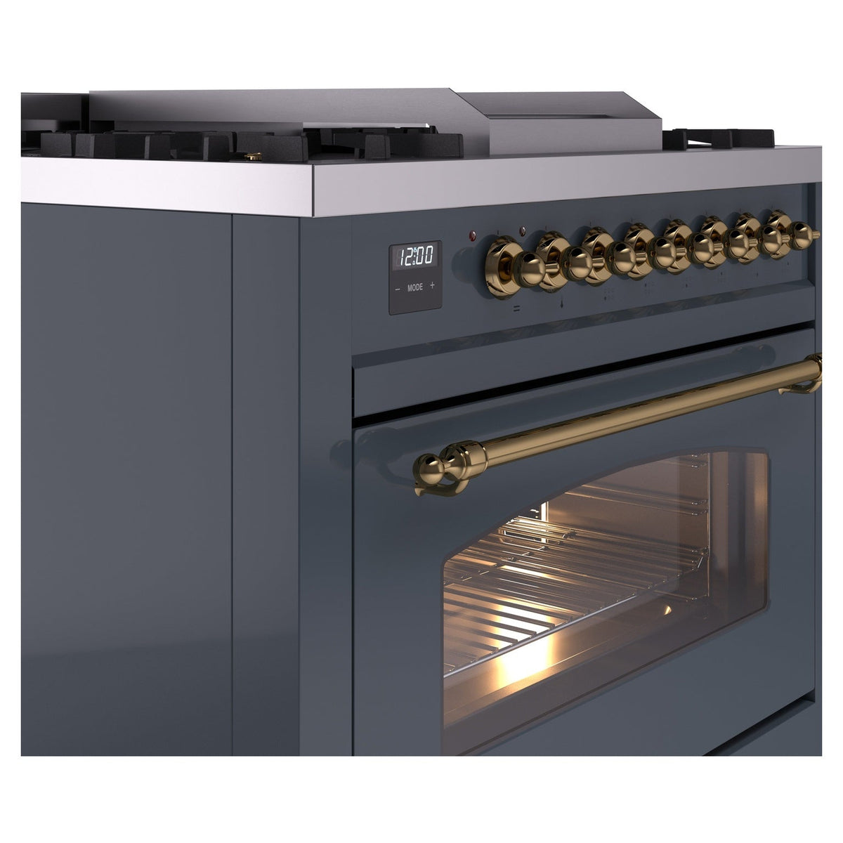 ILVE Nostalgie II 36-Inch Dual Fuel Freestanding Range in Blue Grey with Brass Trim (UP36FNMPBGGLP)