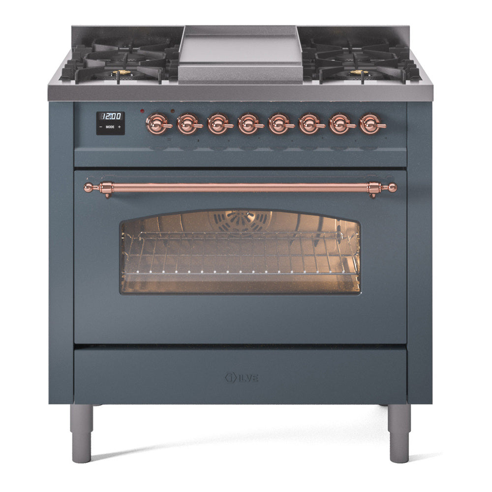 ILVE Nostalgie II 36-Inch Dual Fuel Freestanding Range in Blue Grey with Copper Trim (UP36FNMPBGPLP)