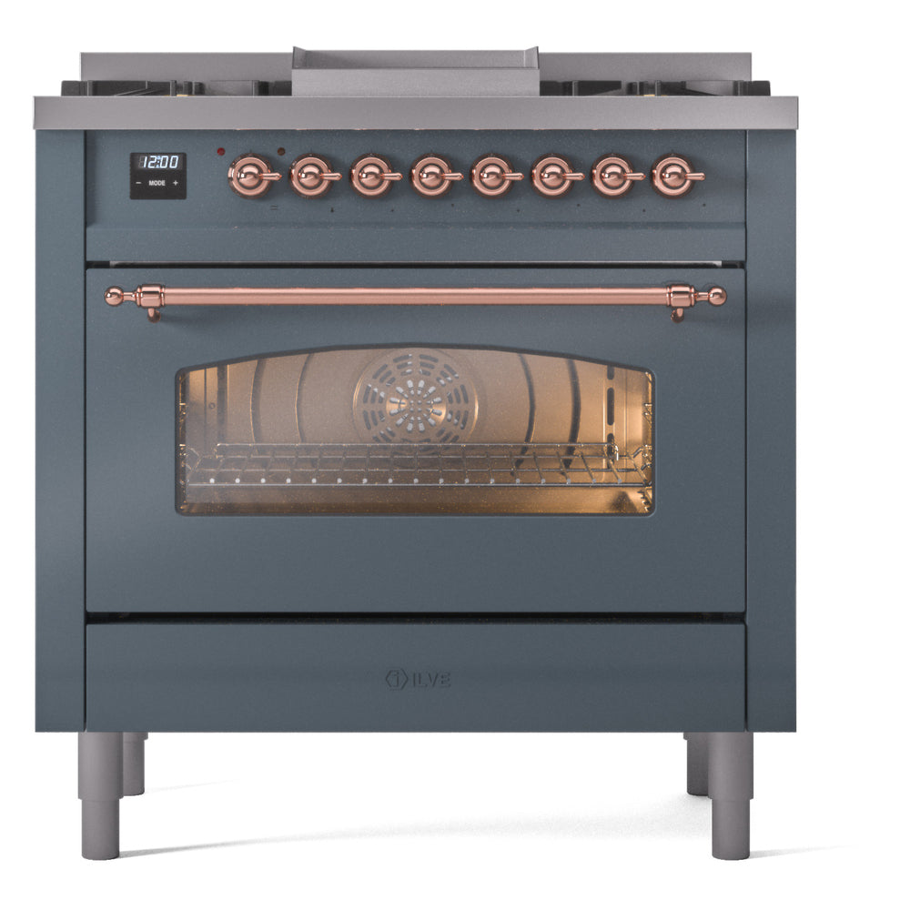 ILVE Nostalgie II 36-Inch Freestanding Natural Gas Dual Fuel Range, Blue Grey with Copper Trim (UP36FNMPBGP)