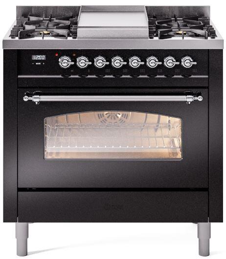 ILVE Nostalgie II 36-Inch Freestanding Natural Gas Dual Fuel Range, Glossy Black with Chrome Trim (UP36FNMPBKC)