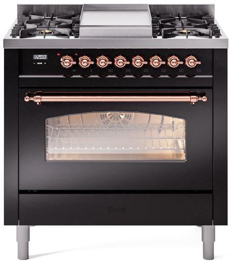 ILVE Nostalgie II 36-Inch Freestanding Dual Fuel Range, Glossy Black with Copper Trim (UP36FNMPBKPLP)
