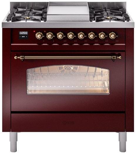 ILVE Nostalgie II 36-Inch Dual Fuel Freestanding Range in Burgundy with Burnished Bronze Trim (UP36FNMPBUBLP)