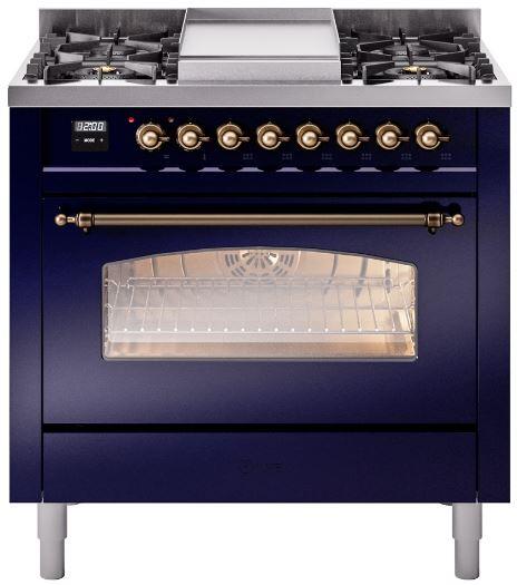 ILVE Nostalgie II 36-Inch Dual Fuel Freestanding Range in Midnight Blue with Burnished Bronze Trim (UP36FNMPMBBLP)
