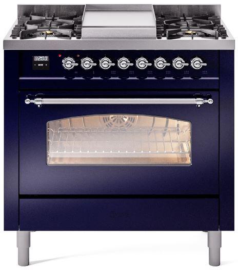 ILVE Nostalgie II 36-Inch Dual Fuel Freestanding Range in Midnight Blue with Chrome Trim (UP36FNMPMBCLP)