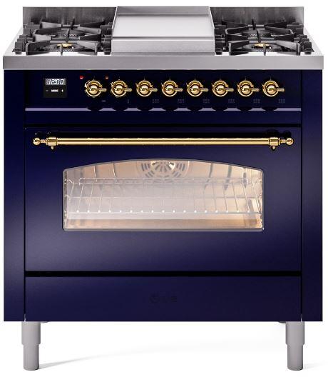ILVE Nostalgie II 36-Inch Dual Fuel Freestanding Range in Midnight Blue with Brass Trim (UP36FNMPMBGLP)