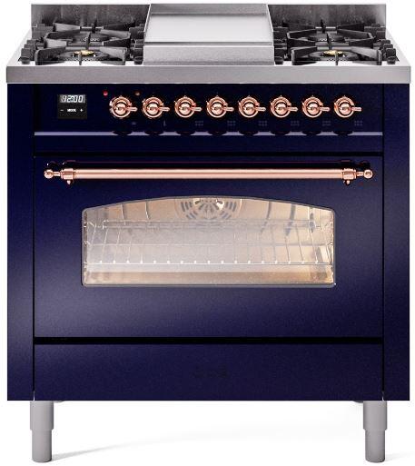 ILVE Nostalgie II 36-Inch Dual Fuel Freestanding Range in Midnight Blue with Copper Trim (UP36FNMPMBPLP)