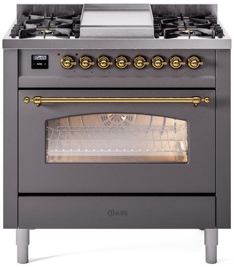 ILVE Nostalgie II 36-Inch Dual Fuel Freestanding Range in Matte Graphite with Brass Trim (UP36FNMPMGGLP)