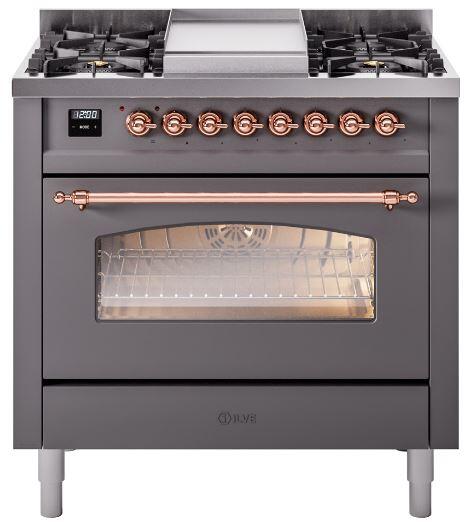 ILVE Nostalgie II 36-Inch Freestanding Dual Fuel Range, Matte Graphite with Copper Trim (UP36FNMPMGPLP)