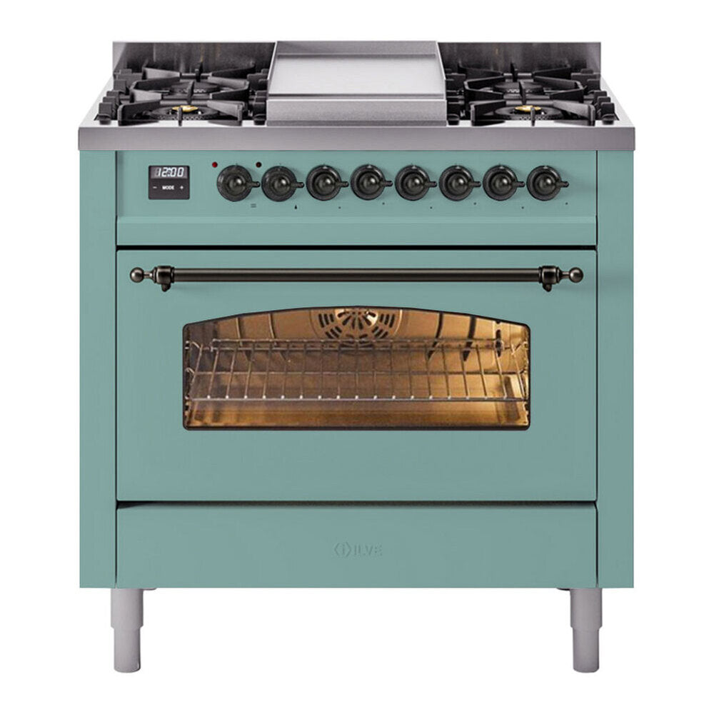 ILVE Nostalgie II 36-Inch Freestanding Propane Gas Dual Fuel Range in Mediterranean Mint with Burnished Bronze Trim (UP36FNMPMMBLP)