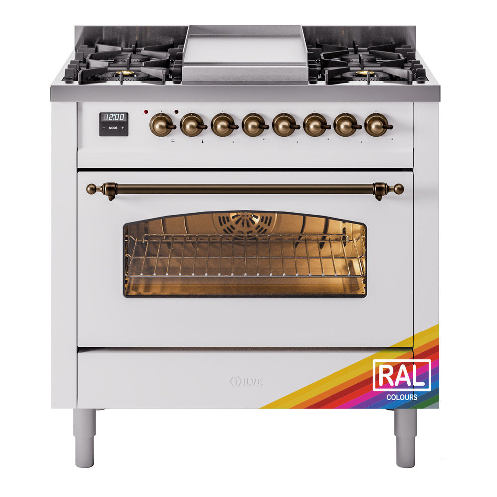 ILVE Nostalgie II 36-Inch Dual Fuel Freestanding Range in Custom RAL with Burnished Bronze Trim (UP36FNMPRABLP)