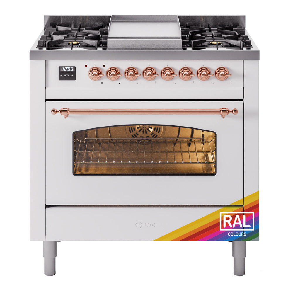 ILVE Nostalgie II 36-Inch Freestanding Natural Gas Dual Fuel Range in Custom RAL with Copper Trim (UP36FNMPRAP)