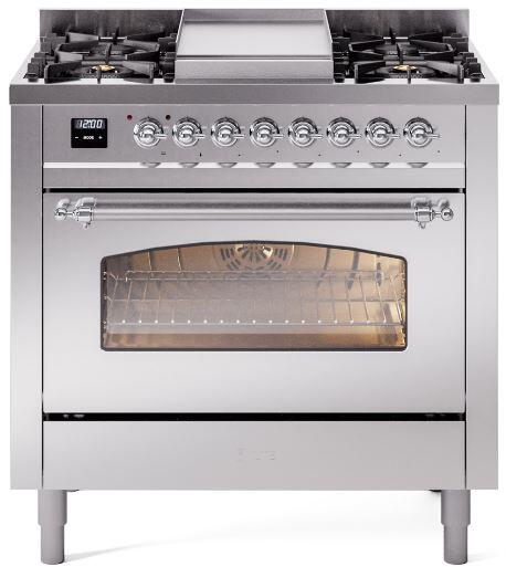 ILVE Nostalgie II 36-Inch Freestanding Natural Gas Dual Fuel Range, Stainless Steel with Chrome Trim (UP36FNMPSSC)