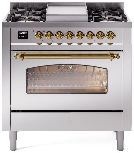 ILVE Nostalgie II 36-Inch Freestanding Dual Fuel Range, Stainless Steel with Brass Trim (UP36FNMPSSGLP)