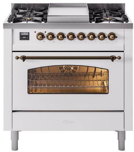ILVE Nostalgie II 36-Inch Dual Fuel Freestanding Range in White with Burnished Bronze Trim (UP36FNMPWHBLP)
