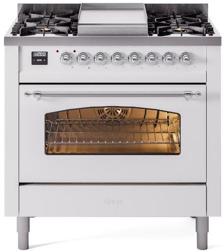 ILVE Nostalgie II 36-Inch Dual Fuel Freestanding Range in White with Chrome Trim (UP36FNMPWHCLP)