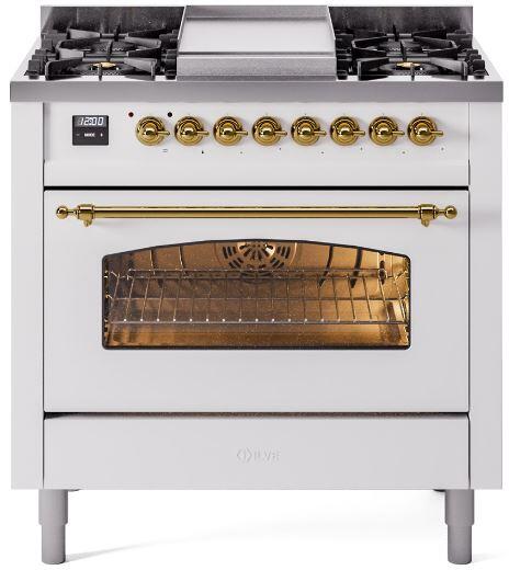 ILVE Nostalgie II 36-Inch Freestanding Natural Gas Dual Fuel Range, White with Brass Trim (UP36FNMPWHG)