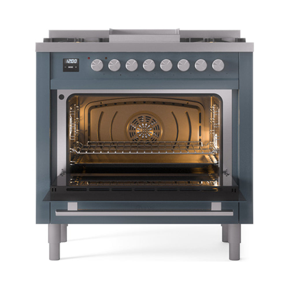 ILVE 36-Inch Professional Plus II Propane Gas Dual Fuel Range with 6 Burners and Solid Door Oven in Blue Grey (UP36FQMPBGLP)