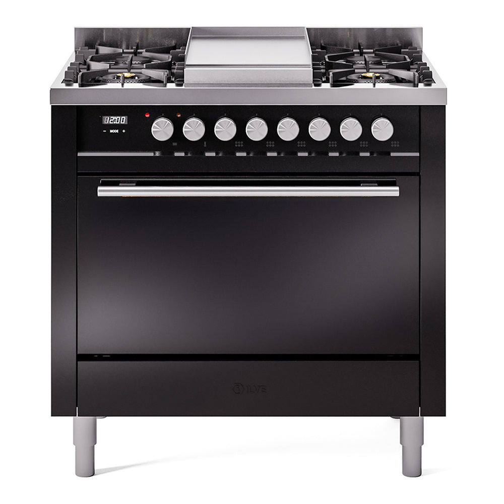 ILVE Professional Plus II 36-Inch Natural Gas Dual Fuel Range, 6 Burners, Solid Door Oven, Glossy Black (UP36FQMPBK)