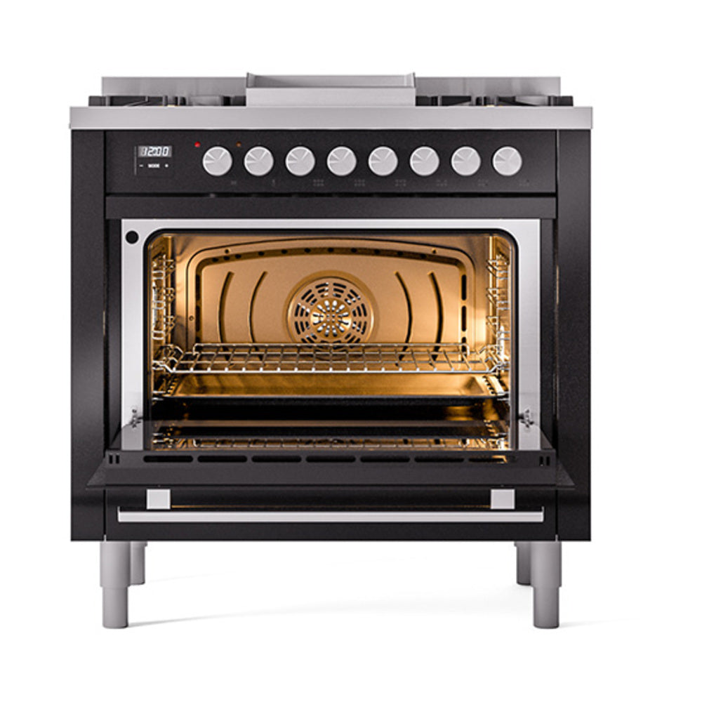 ILVE Professional Plus II 36-Inch Natural Gas Dual Fuel Range, 6 Burners, Solid Door Oven, Glossy Black (UP36FQMPBK)