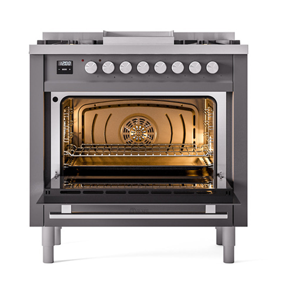 ILVE Professional Plus II 36-Inch Natural Gas Dual Fuel Range, 6 Burners, Solid Door Oven, Matte Graphite (UP36FQMPMG)