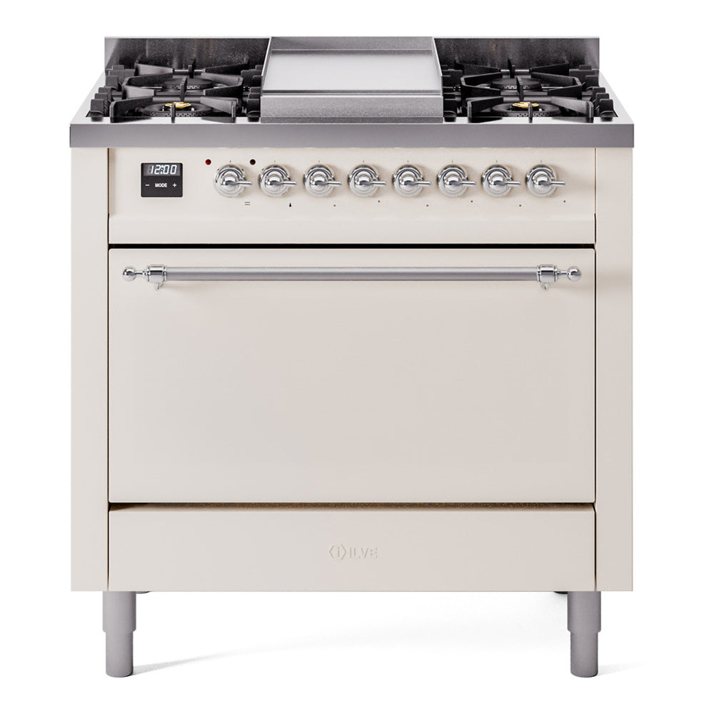 ILVE Nostalgie II 36-Inch Natural Gas Dual Fuel Range, 6 Burners, Solid Door Oven, Antique White with Chrome Trim (UP36FQNMPAWC)