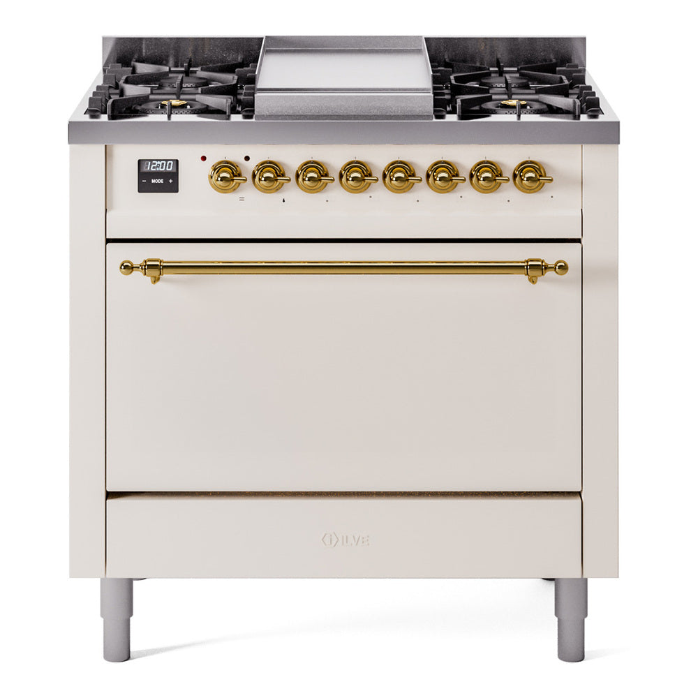 ILVE Nostalgie II 36-Inch Natural Gas Dual Fuel Range, 6 Burners, Solid Door Oven, Antique White with Brass Trim (UP36FQNMPAWG)