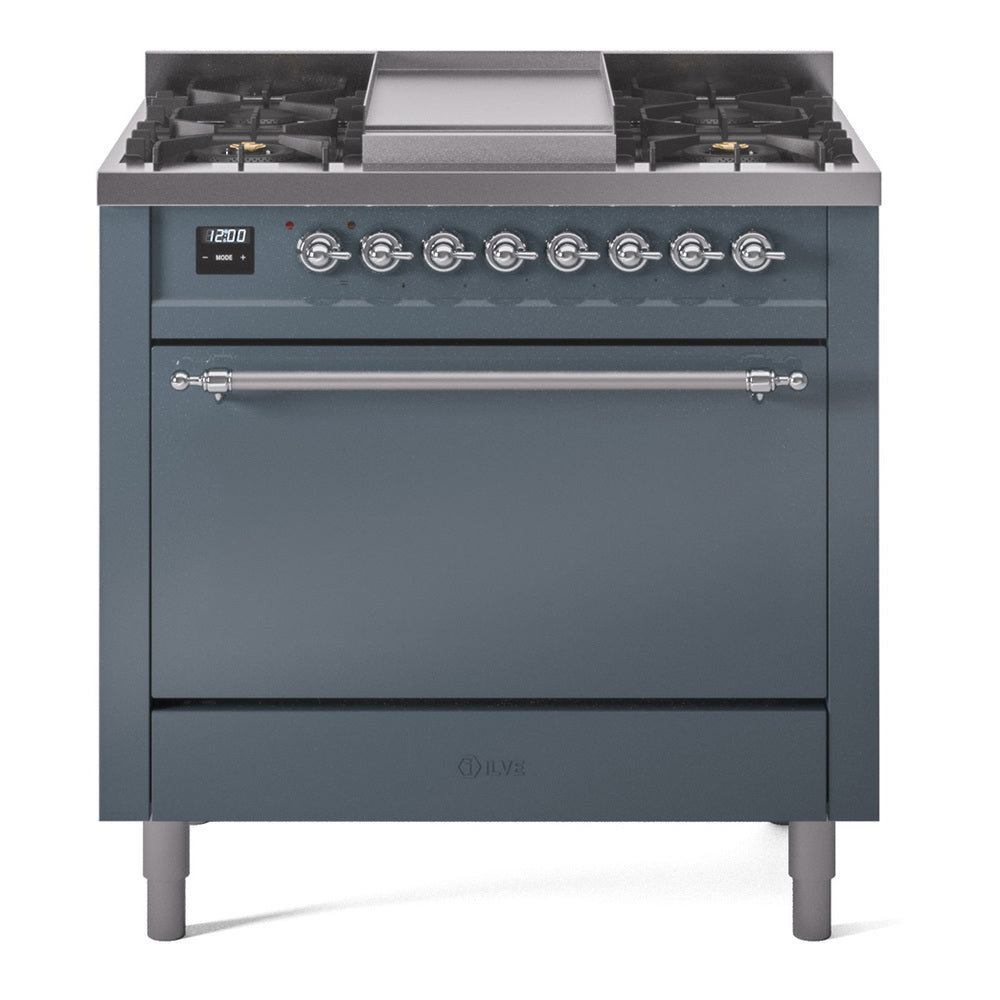 ILVE Nostalgie II 36-Inch Natural Gas Dual Fuel Range, 6 Burners, Solid Door Oven, Blue Grey with Chrome Trim (UP36FQNMPBGC)