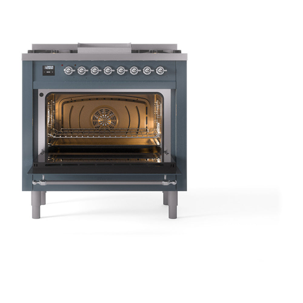 ILVE Nostalgie II 36-Inch Propane Dual Fuel Range, 6 Burners, Solid Door Oven, Blue Grey with Chrome Trim (UP36FQNMPBGCLP)