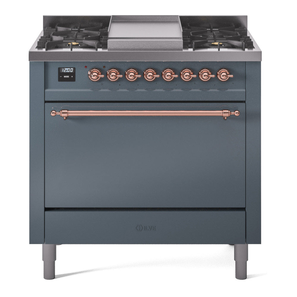ILVE Nostalgie II 36-Inch Propane Dual Fuel Range, 6 Burners, Solid Door Oven, Blue Grey with Copper Trim (UP36FQNMPBGPLP)