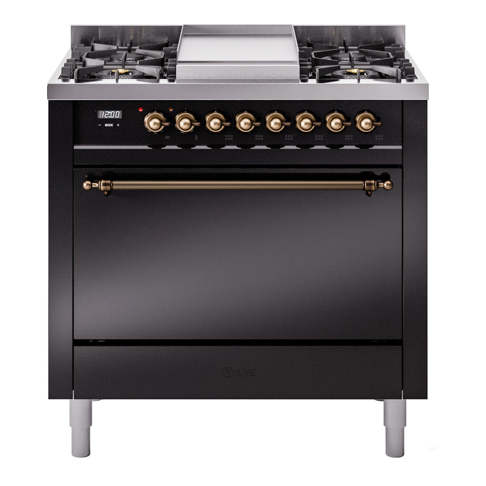 ILVE Nostalgie II 36-Inch Natural Gas Dual Fuel Range, 6 Burners, Solid Door Oven, Glossy Black with Burnished Bronze Trim (UP36FQNMPBKB)