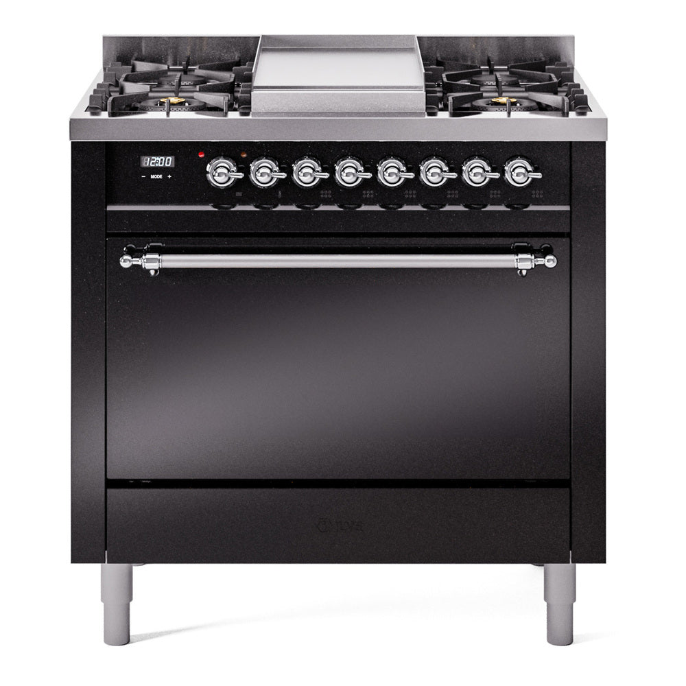 ILVE Nostalgie II 36-Inch Natural Gas Dual Fuel Range, 6 Burners, Solid Door Oven, Glossy Black with Chrome Trim (UP36FQNMPBKC)