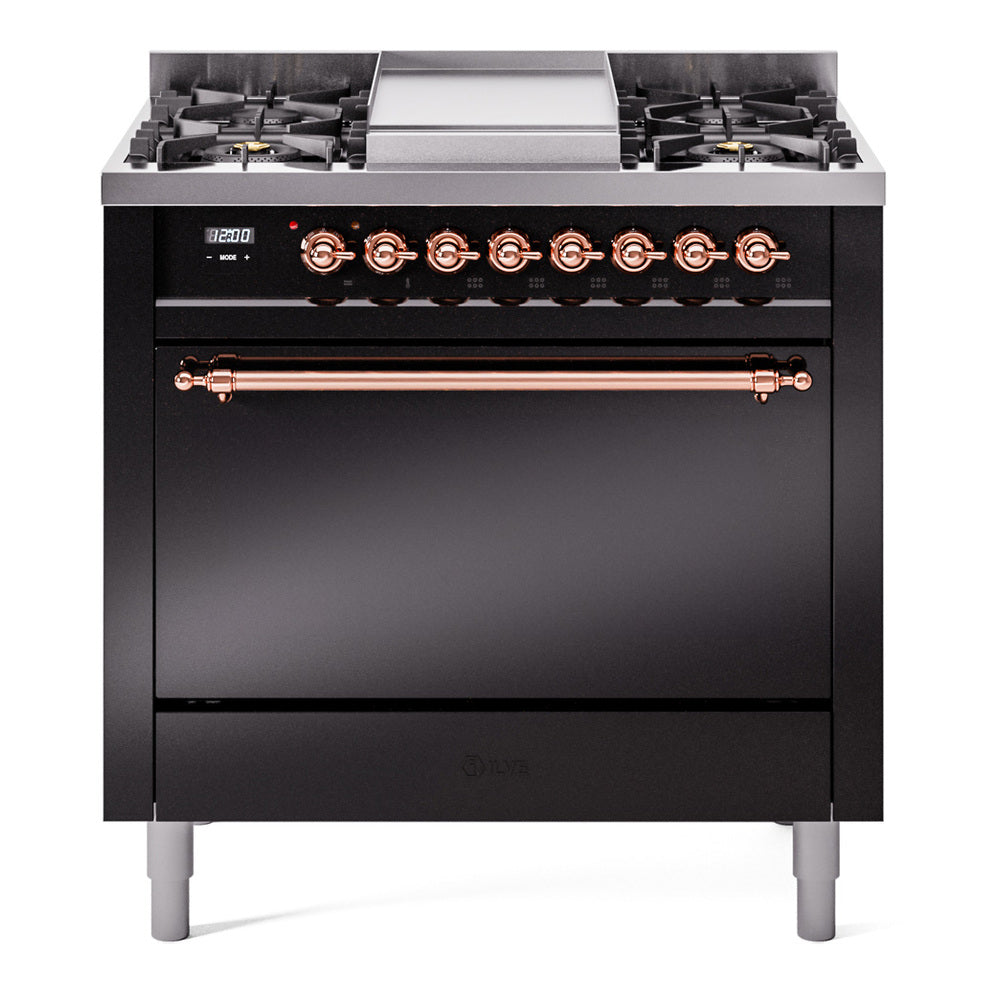 ILVE Nostalgie II 36-Inch Natural Gas Dual Fuel Range, 6 Burners, Solid Door Oven, Glossy Black with Copper Trim (UP36FQNMPBKP)