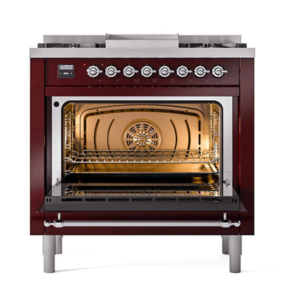 ILVE Nostalgie II 36-Inch Propane Dual Fuel Range, 6 Burners, Solid Door Oven, Burgundy with Chrome Trim (UP36FQNMPBUCLP)