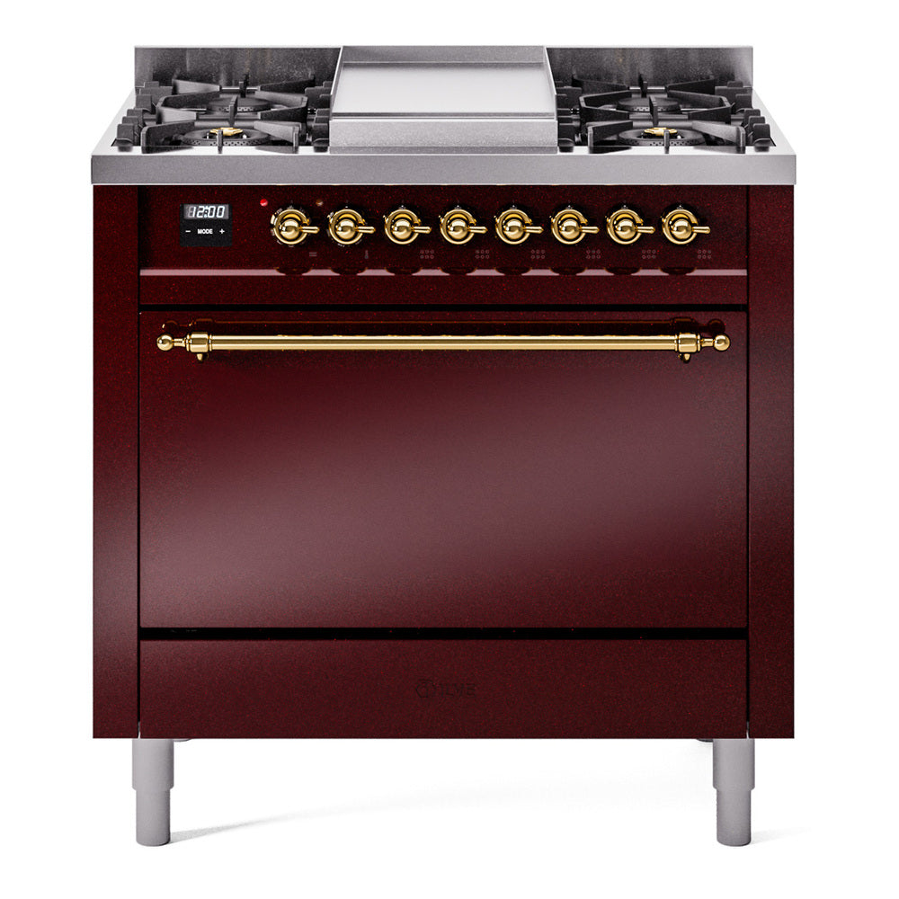 ILVE 36-Inch Nostalgie II Natural Gas Dual Fuel Range with 6 Burners and Solid Door Oven in Burgundy with Brass Trim (UP36FQNMPBUG)