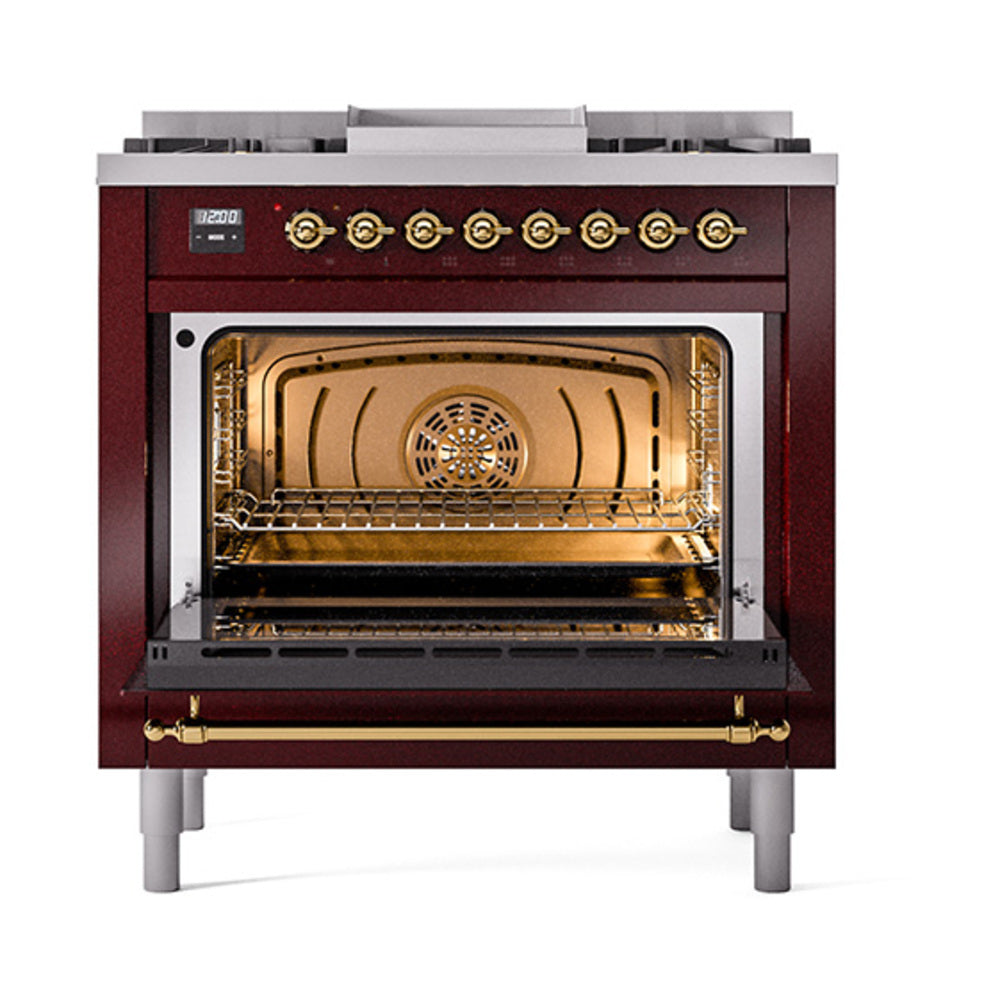ILVE 36-Inch Nostalgie II Natural Gas Dual Fuel Range with 6 Burners and Solid Door Oven in Burgundy with Brass Trim (UP36FQNMPBUG)