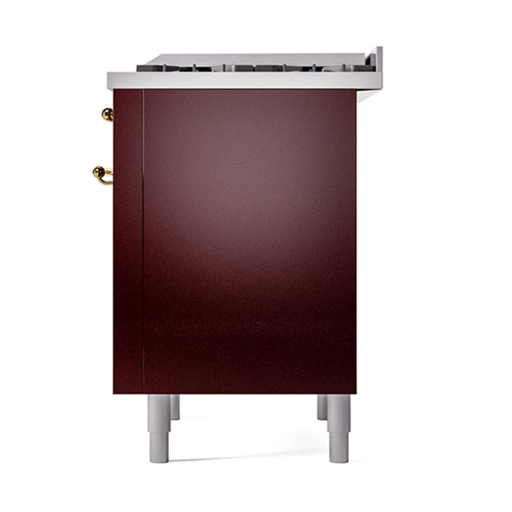 ILVE 36-Inch Nostalgie II Natural Gas Dual Fuel Range with 6 Burners and Solid Door Oven in Burgundy with Brass Trim (UP36FQNMPBUG)