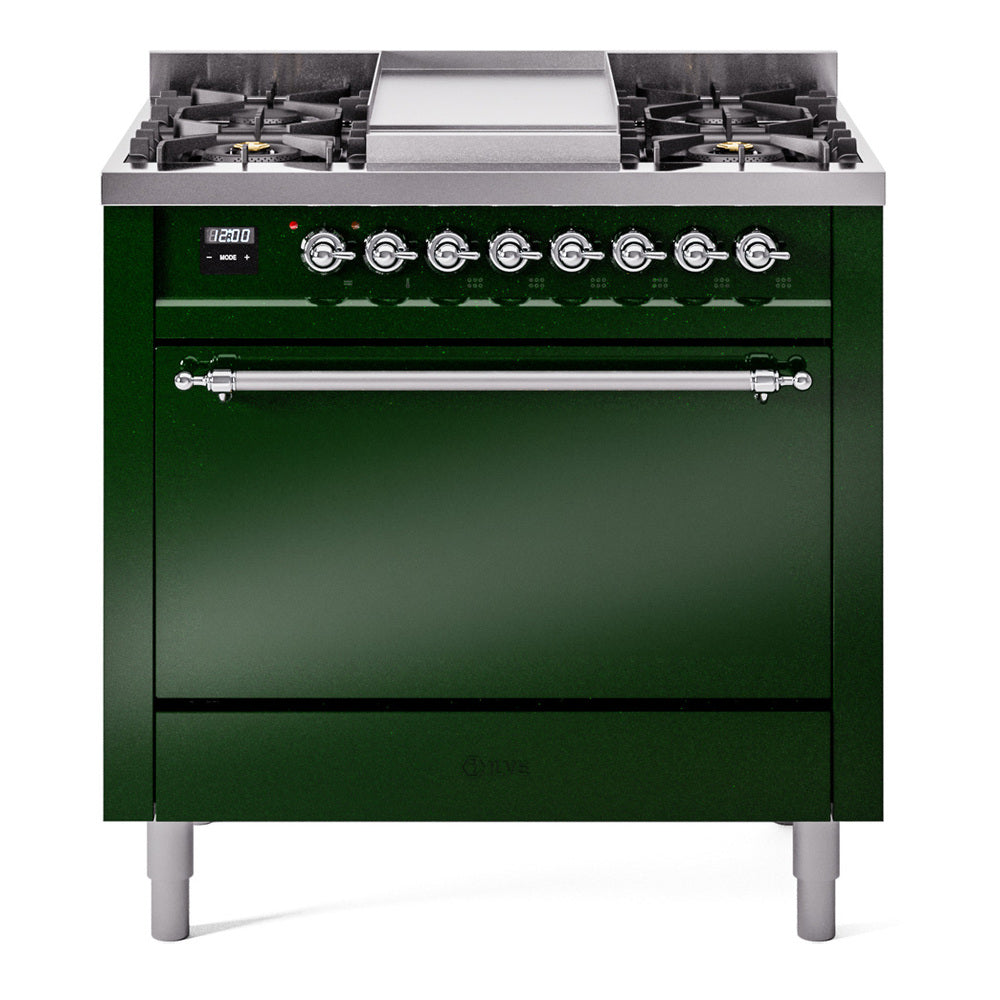 ILVE Nostalgie II 36-Inch Propane Dual Fuel Range, 6 Burners, Solid Door Oven, Emerald Green with Chrome Trim (UP36FQNMPEGCLP)