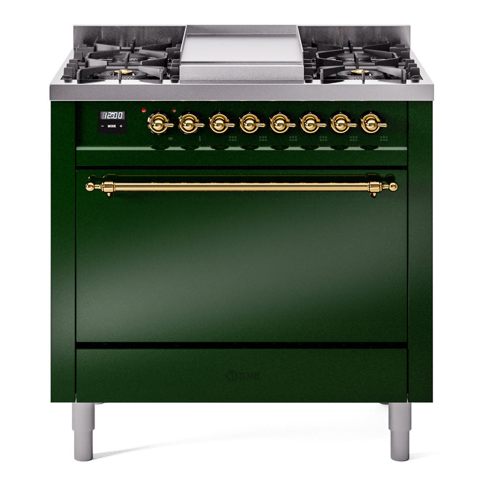ILVE Nostalgie II 36-Inch Natural Gas Dual Fuel Range, 6 Burners, Solid Door Oven, Emerald Green with Brass Trim (UP36FQNMPEGG)