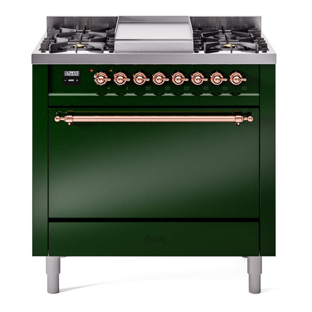 ILVE Nostalgie II 36-Inch Propane Dual Fuel Range, 6 Burners, Solid Door Oven, Emerald Green with Copper Trim (UP36FQNMPEGPLP)