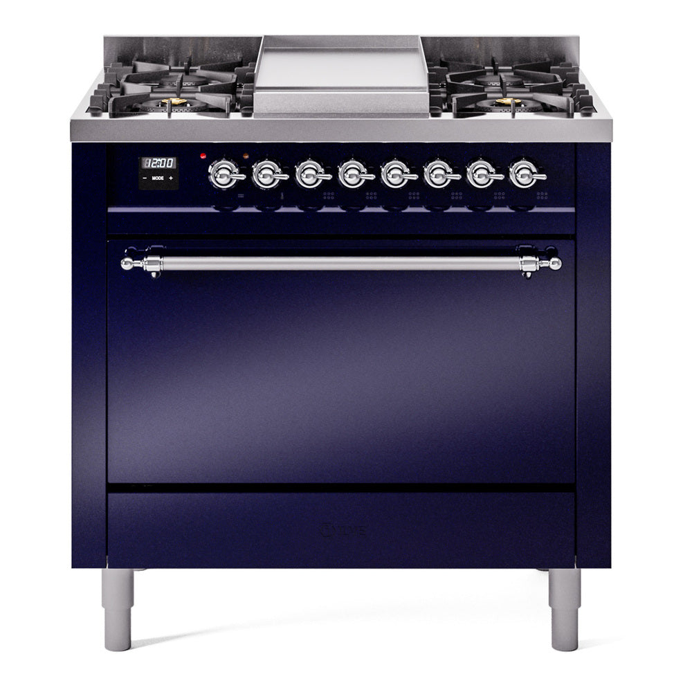 ILVE Nostalgie II 36-Inch Natural Gas Dual Fuel Range, 6 Burners, Solid Door Oven, Midnight Blue with Chrome Trim (UP36FQNMPMBC)