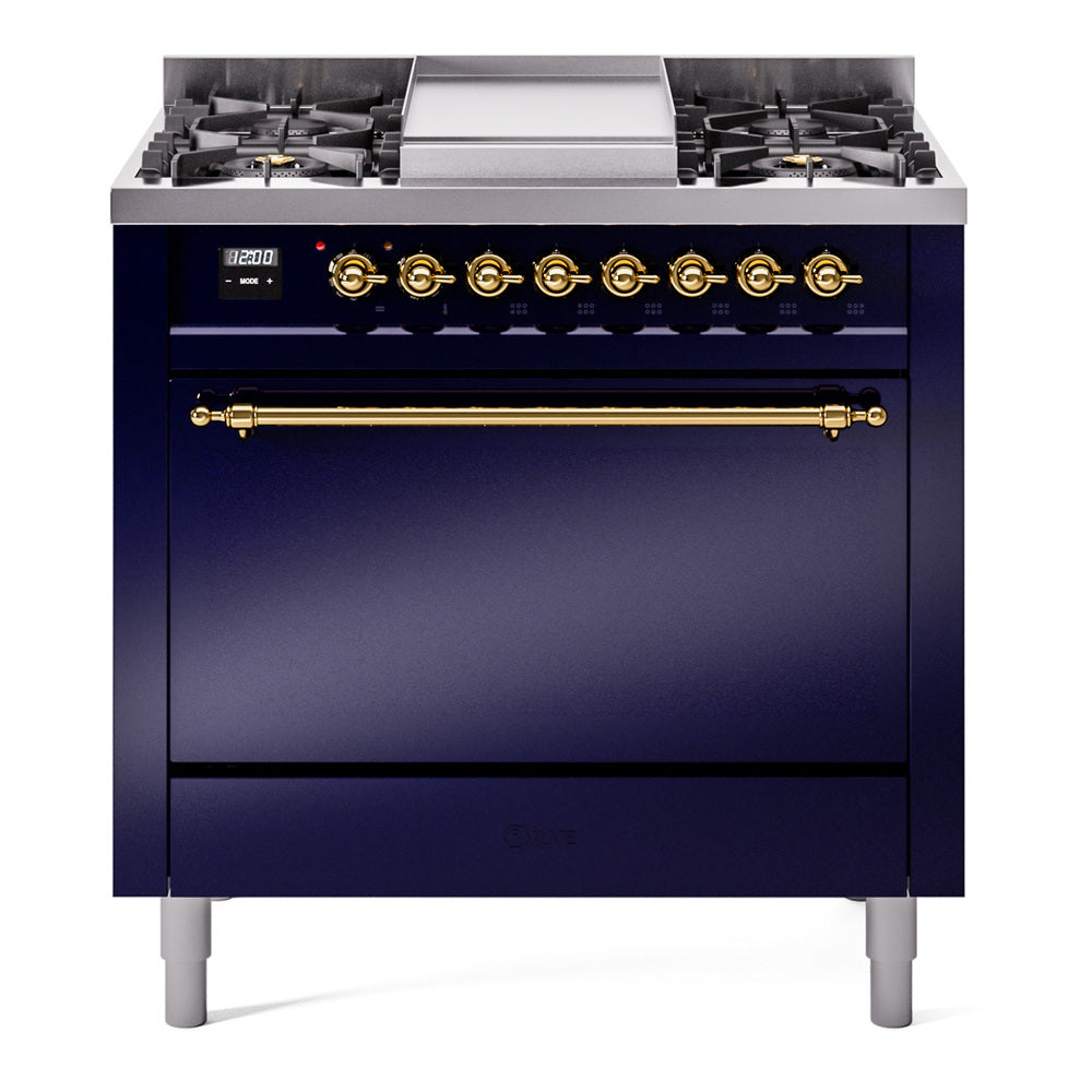 ILVE Nostalgie II 36-Inch Propane Dual Fuel Range, 6 Burners, Solid Door Oven, Midnight Blue with Brass Trim (UP36FQNMPMBGLP)