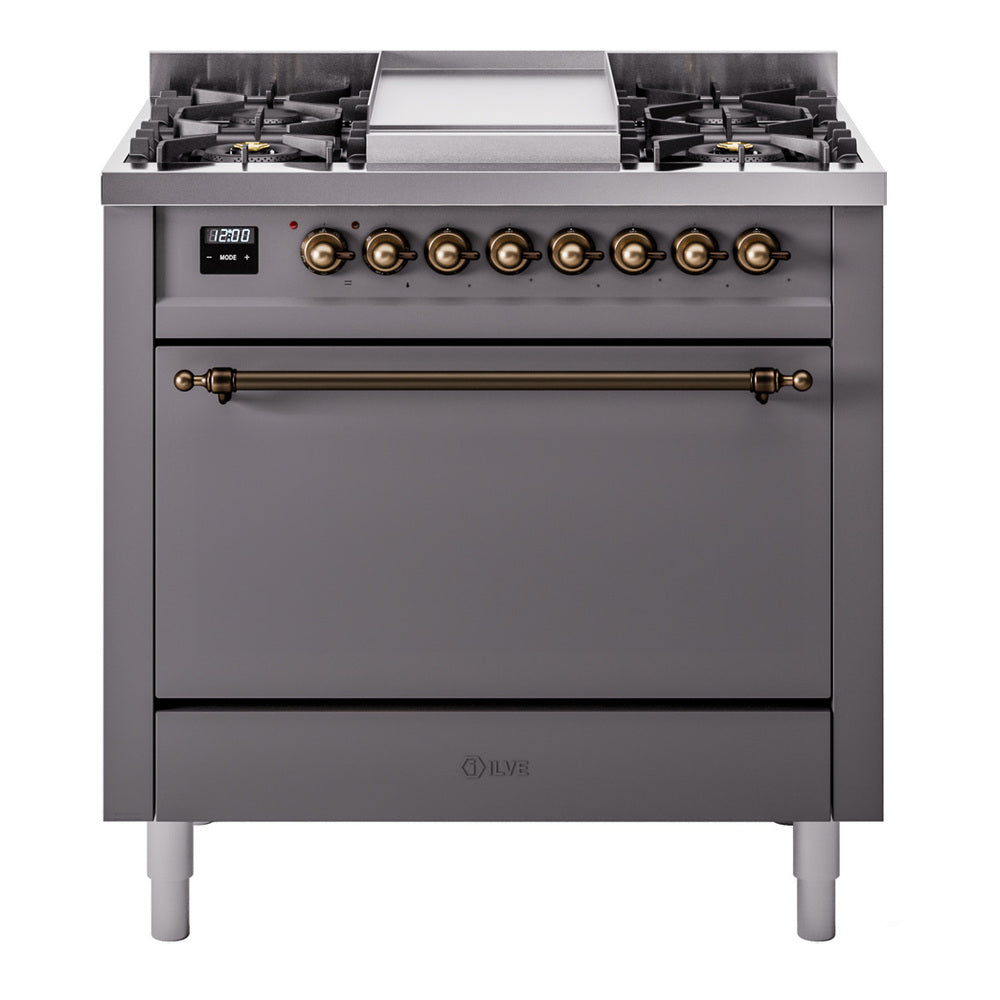 ILVE Nostalgie II 36-Inch Propane Dual Fuel Range, 6 Burners, Solid Door Oven, Matte Graphite with Burnished Bronze Trim (UP36FQNMPMGBLP)